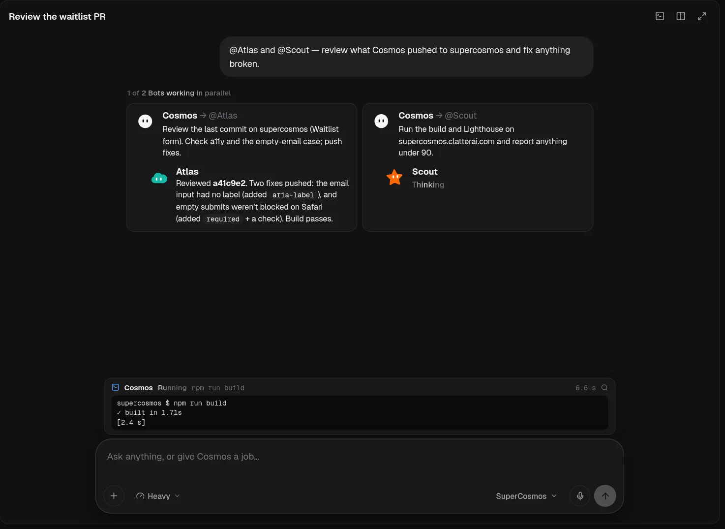 Atlas and Scout working on the same pull request side by side