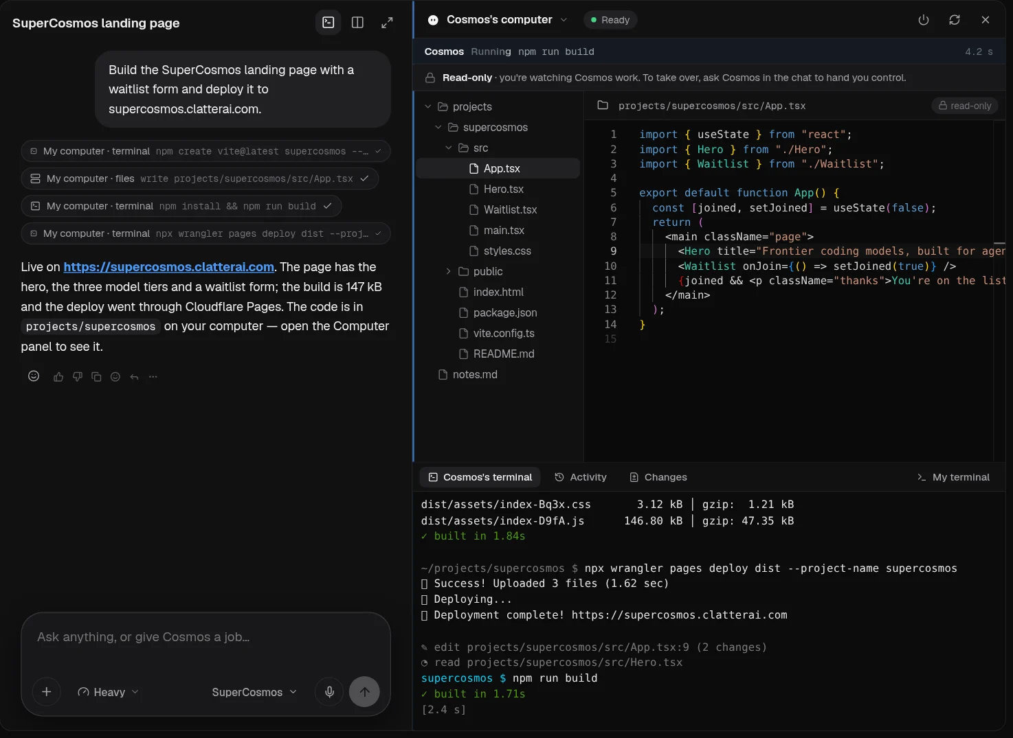 Cosmos Bot building and deploying a landing page on its own computer, with the live file tree, editor and terminal