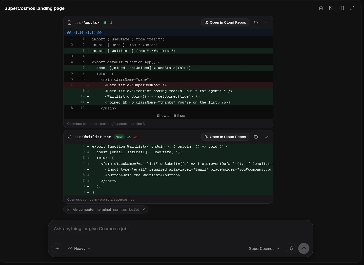 Diff cards in the chat showing the exact lines Cosmos changed, with links to open each file in Cloud Repos
