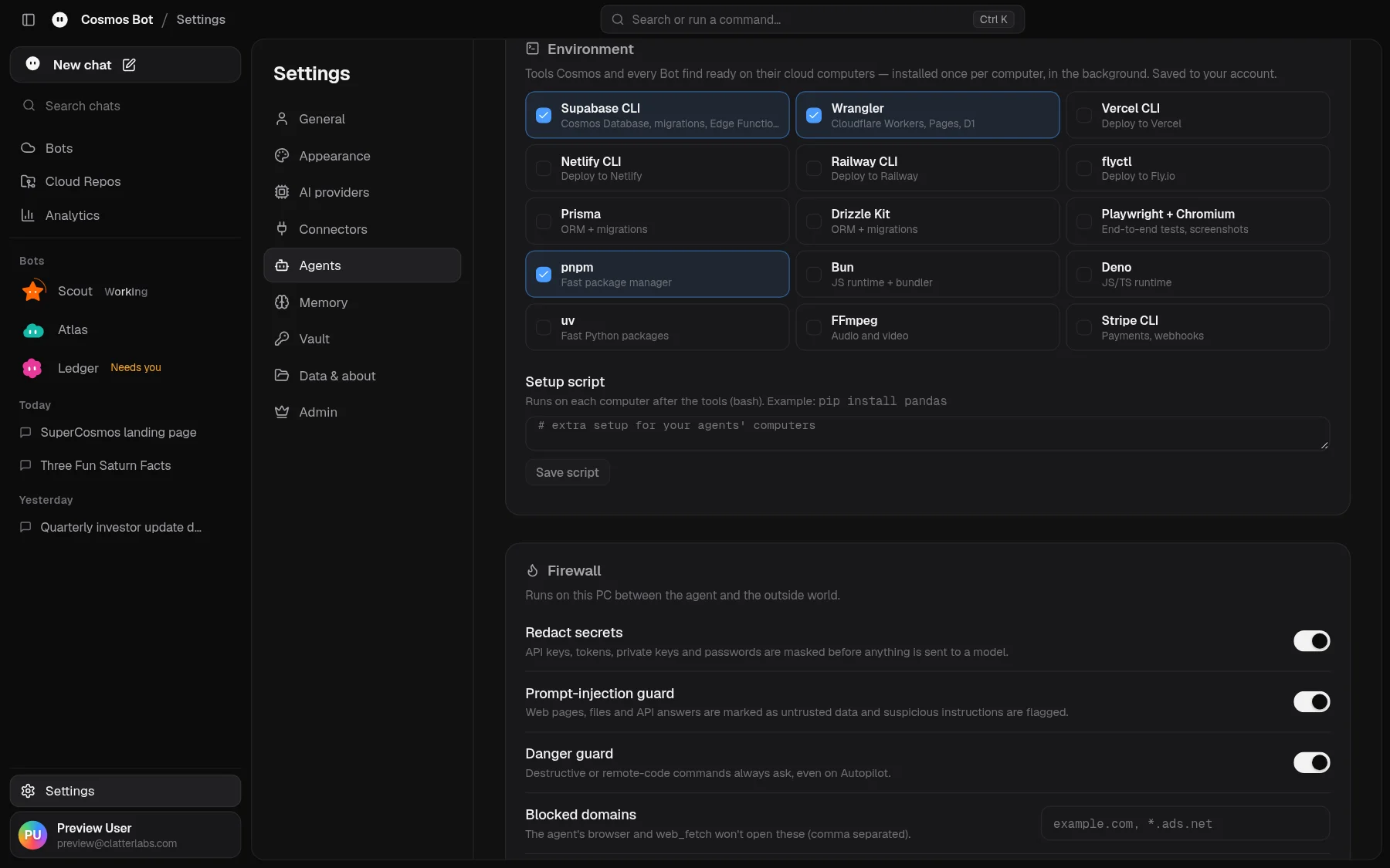 Environment settings listing the CLIs installed on every agent computer
