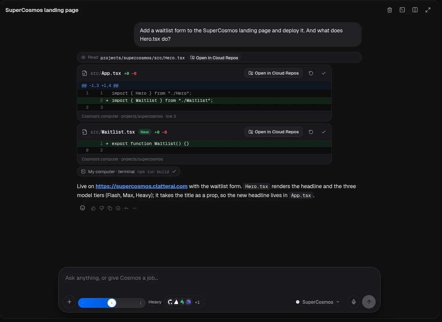 A chat where Cosmos adds a waitlist form, with file diffs and an Open in Cloud Repos button on each change