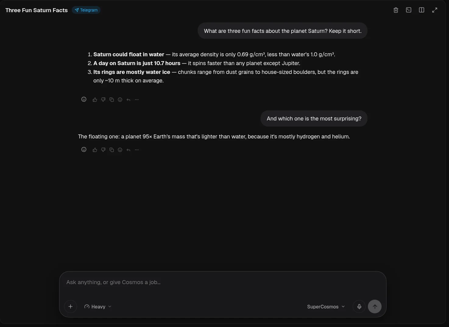 A Telegram session continued in the Cosmos Bot desktop app