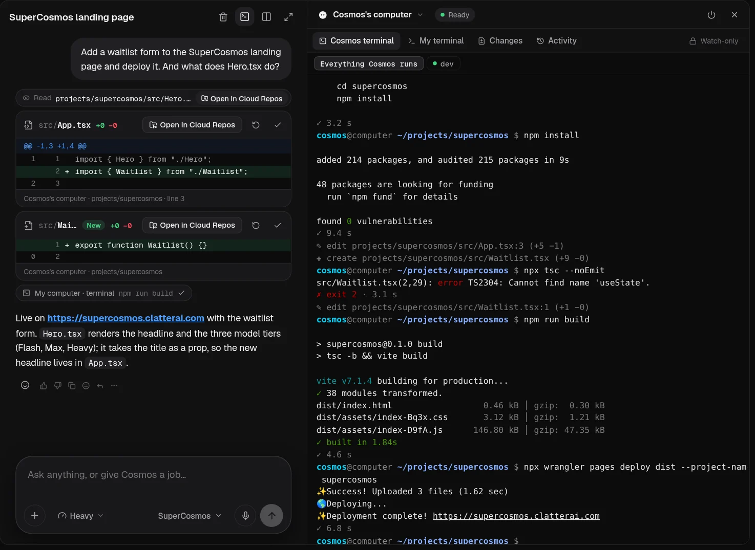 Cosmos's computer: a file tree, the editor and the terminal installing packages, building and deploying